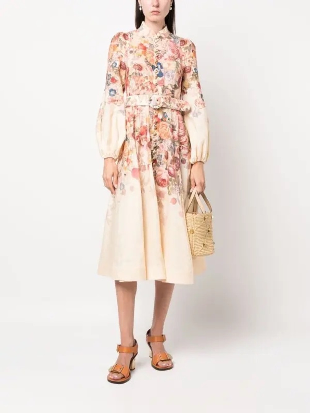 Zimmermann Hypnotic Buttoned Linen Midi Dress Cream Peony